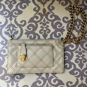 Marc Jacobs wristlet clutch, cream quilted leather with gold tone chain